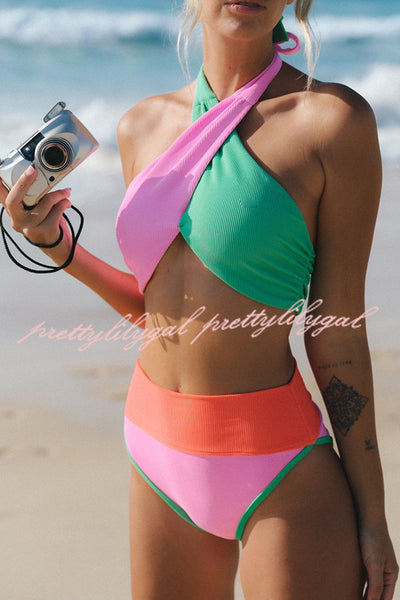 水着・ラッシュガード 2Way Cut-Out Ribbed Swimwear ZAFUL Ribbed Cut Out Halter One-piece Swimsuit In DEEP GREEN