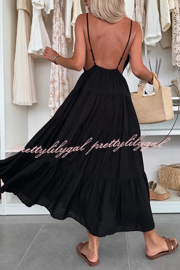 Bohemian Style V-neck Backless Slip Layered Vacation Maxi Dress