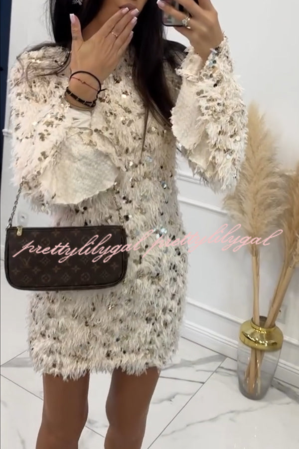 Twilight Ember Knit Sequin Tassels Wide Neck Long Bell Sleeve Mini Dress