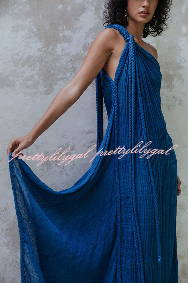 Island Soul Linen Blend One Shoulder Draped Braids Cover Up Maxi Dress