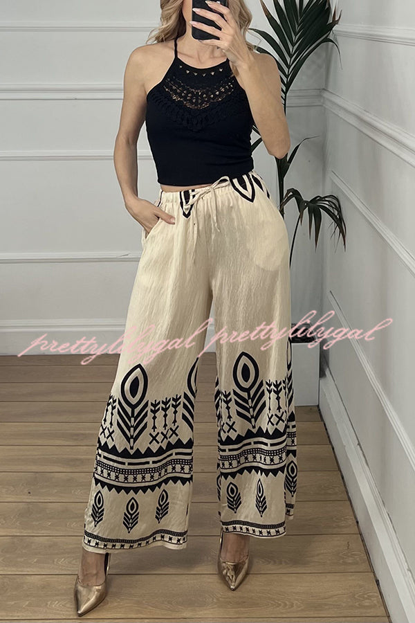 Unique Print Elastic Waist Casual Pocket Wide Leg Pants