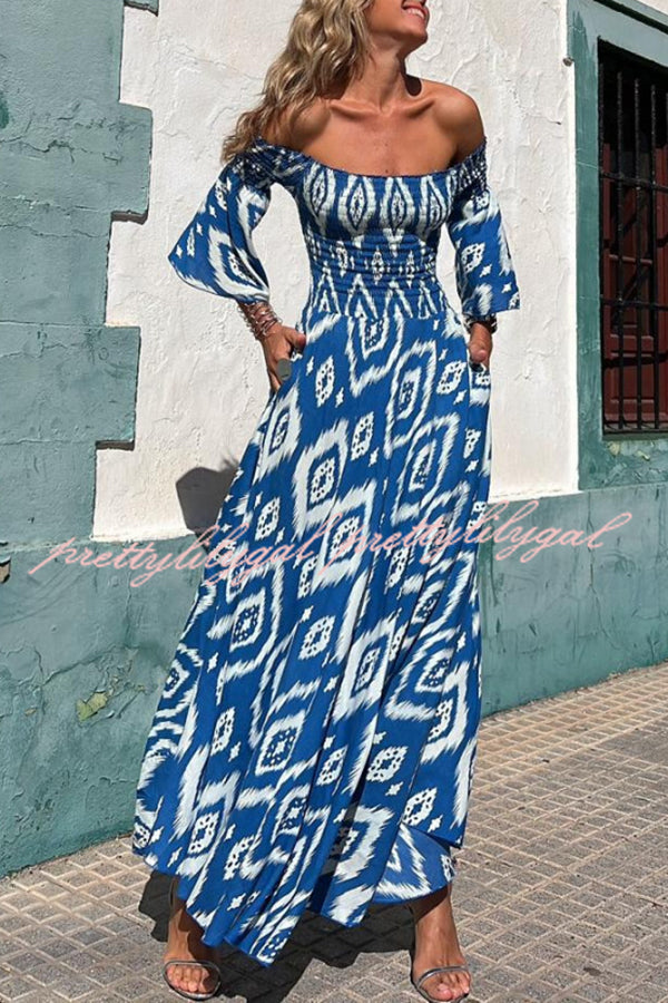 Close To The Vacation Ethnic Print Smocked Off Shoulder Pocketed Maxi Dress