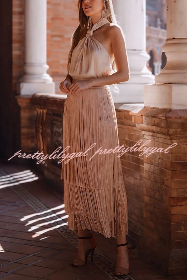Elegant Tassel Hem Elastic Waist Casual Maxi Skirt