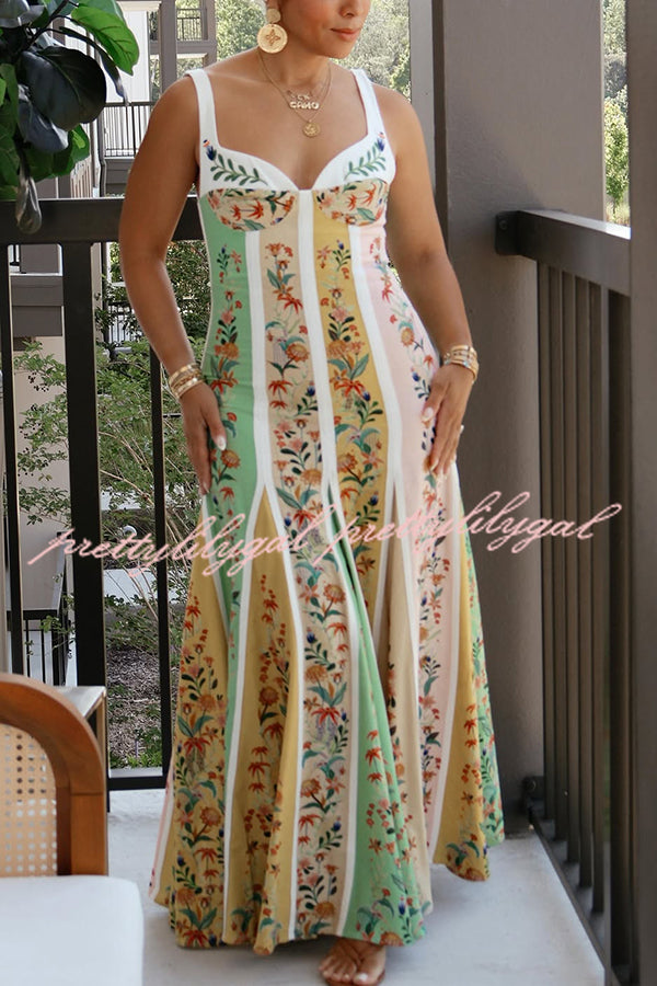 Sweet Garden Linen Blend Color Block Floral Paneled Maxi Dress