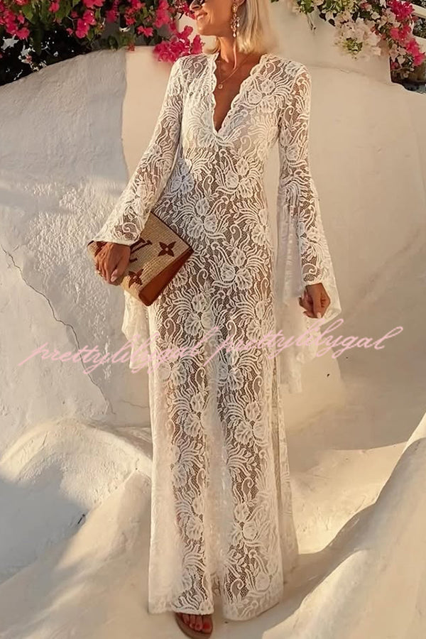 Dream Love Floral Lace Bell Sleeve V-neck Slit Maxi Dress