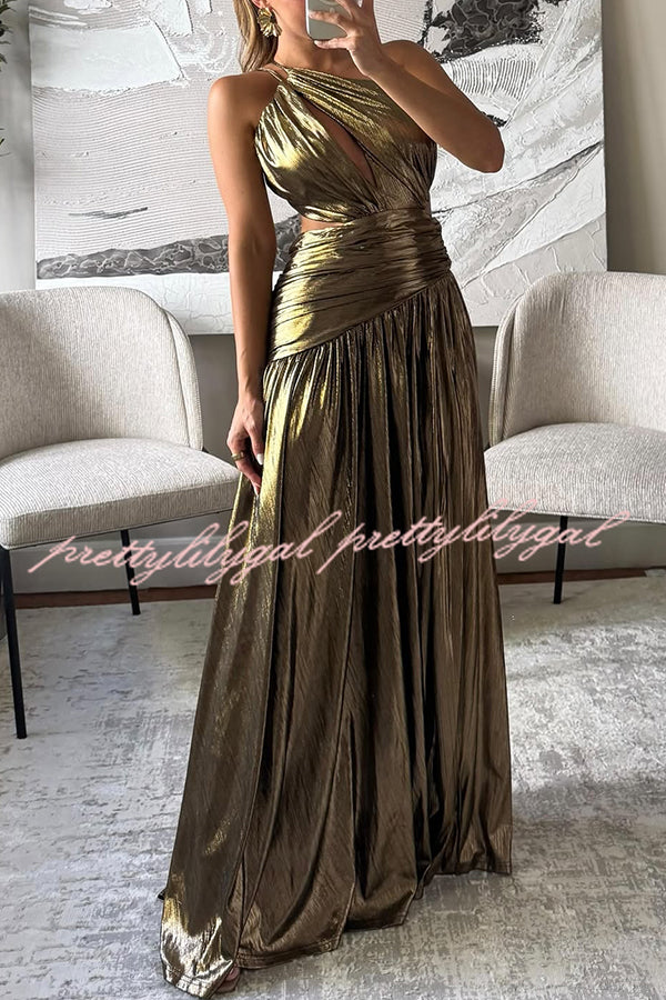 Shine Bright Metallic Fabric One Shoulder Cutout Back Lace-up Slit Maxi Dress
