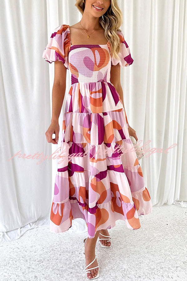 Petal Princess Unique Print Smocked Waist Puff Sleeve Midi Dress