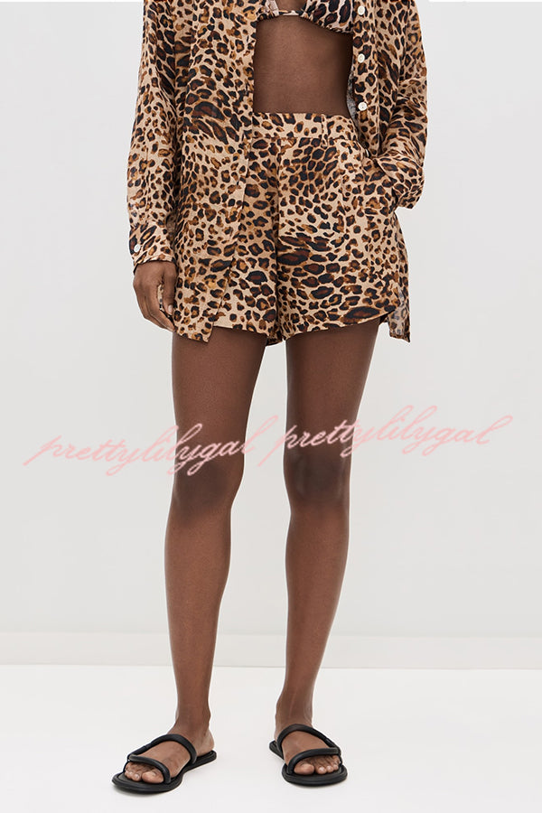 Trisha Linen Blend Leopard Print Long Sleeve Blouse and Elastic Waist Pocket Loose Shorts Set