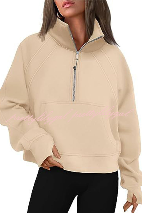 Stylish Patchwork Stand Collar Zippered Loose Pocket Sweatshirt