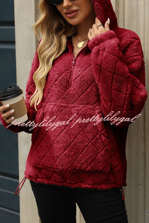 Solid Color Loose Half-Zip Pocket Plush Hoodie