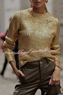 Festival Feels Golden Crew Neck Knitted Bronzing Long Sleeved Sweater