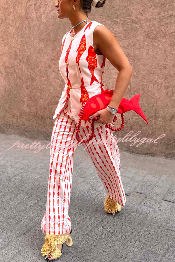 Good Luck Linen Blend Koi Pattern High Rise Elastic Waist Loose Pants