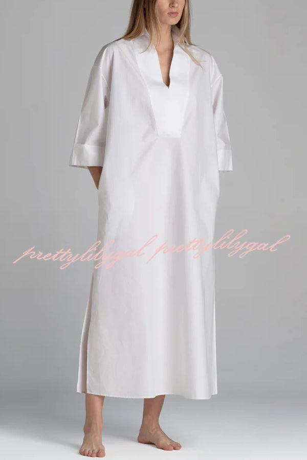 Solid Color V-neck Half-sleeve Loose Slit Midi Dress
