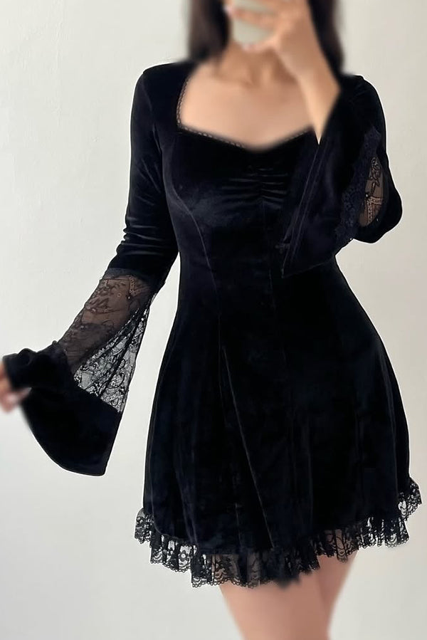 Solid Color Velvet and Lace Spliced long-sleeved Elegant Mini Dress