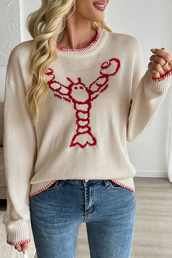 Fashion Lobster Pattern Round Neck Long Sleeve Loose Knitted Sweater