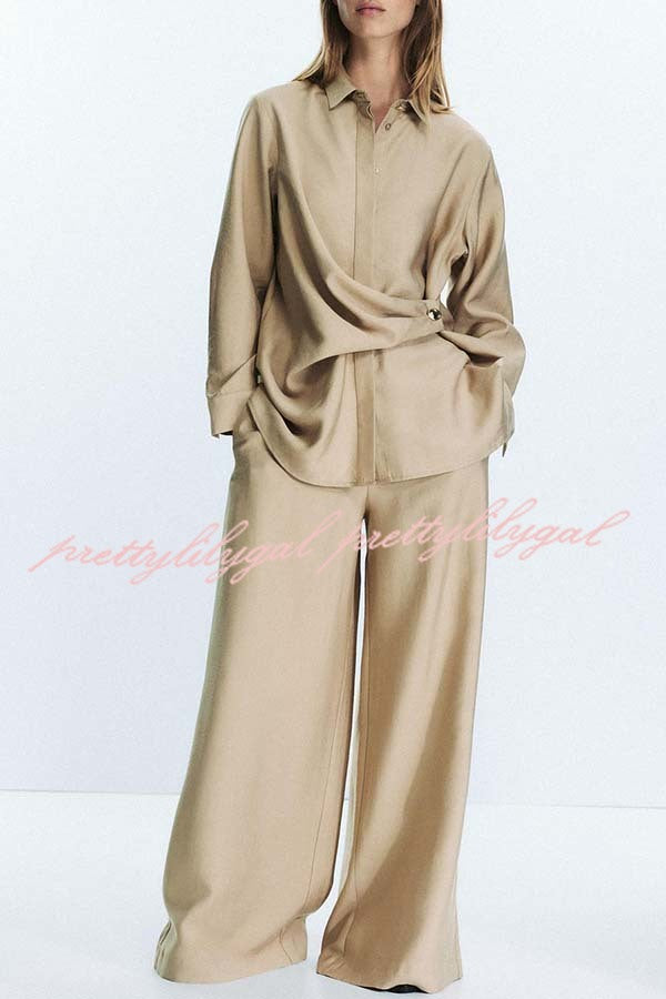 Juliette Cross-front Button Up Long Sleeve Shirt and Elastic Waist Pocket Loose Pants Set