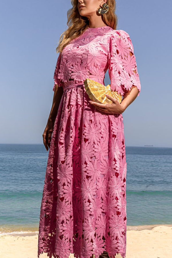 Elegant Embroidered Hollow Flowers Bell Sleeve Top and Full Hem Maxi Skirt Set
