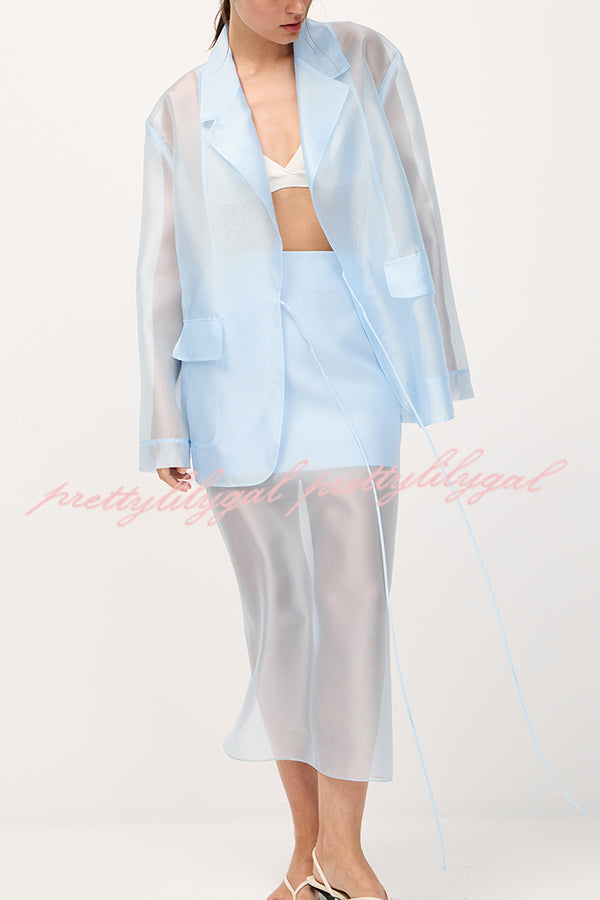Simple and Light See-through Fabric Mid Rise Pencil Slit Midi Skirt