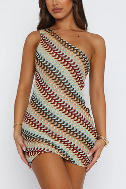 Playful Colorful Knitted Slim-fitting Offset Neck Stretch Mini Dress