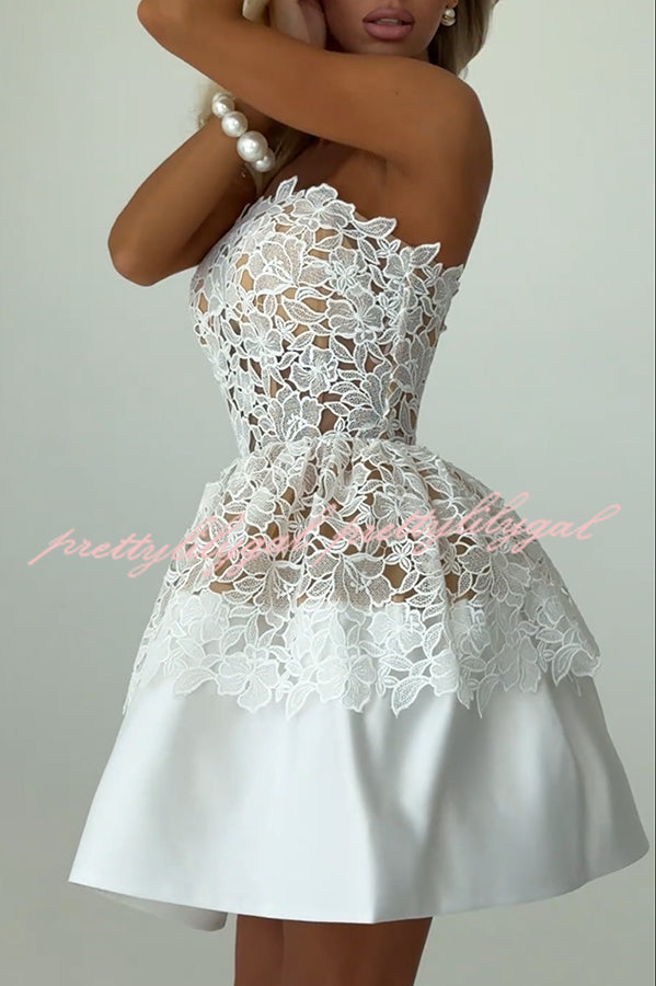 Angie Embroidered Floral Lace Patchwork Off Shoulder Tulip Hem Mini Dress