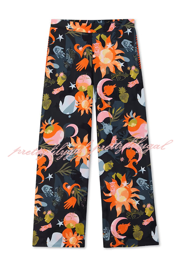 Evening Routine Unique Print Color-block Trim Loose Shirt and Elastic Waist Pocketed Pajama Set