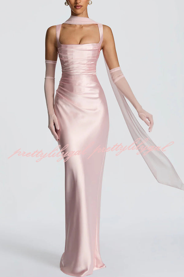 Calanthe Satin Square Neck Ruched Back Lace-up Drape Mesh Scarf Maxi Dress