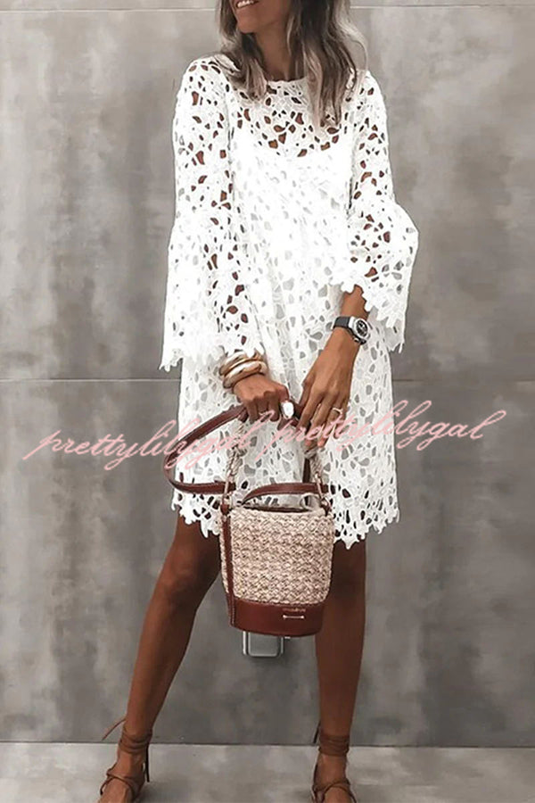 Pretty Presence Floral Crochet Lace Bell Sleeve Mini Dress