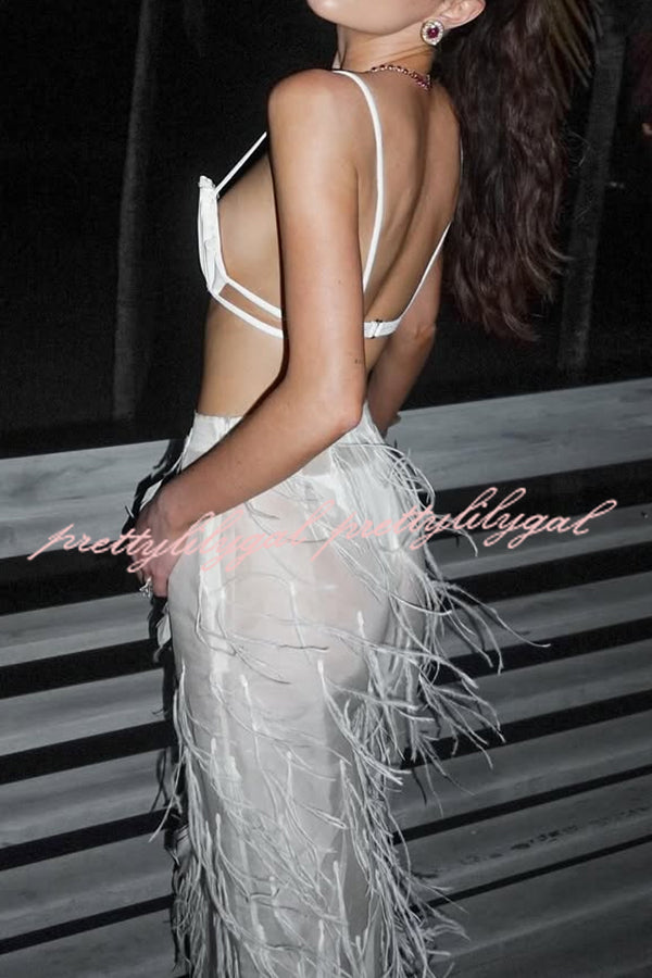 Braylie Sheer Tulle Tiered Feather Trim High Rise Wide Leg Pants