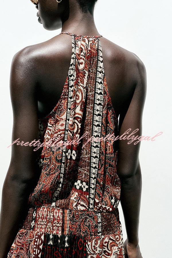 Ethnic Boho Colorblock Print Elastic Waist Resort Style Maxi Dress