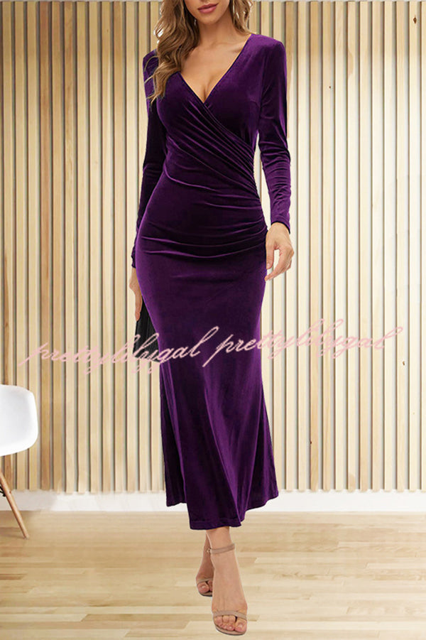 Solid Color Velvet Long Sleeve V neck Slim Fit Fishtail Maxi Dress prettylilygal