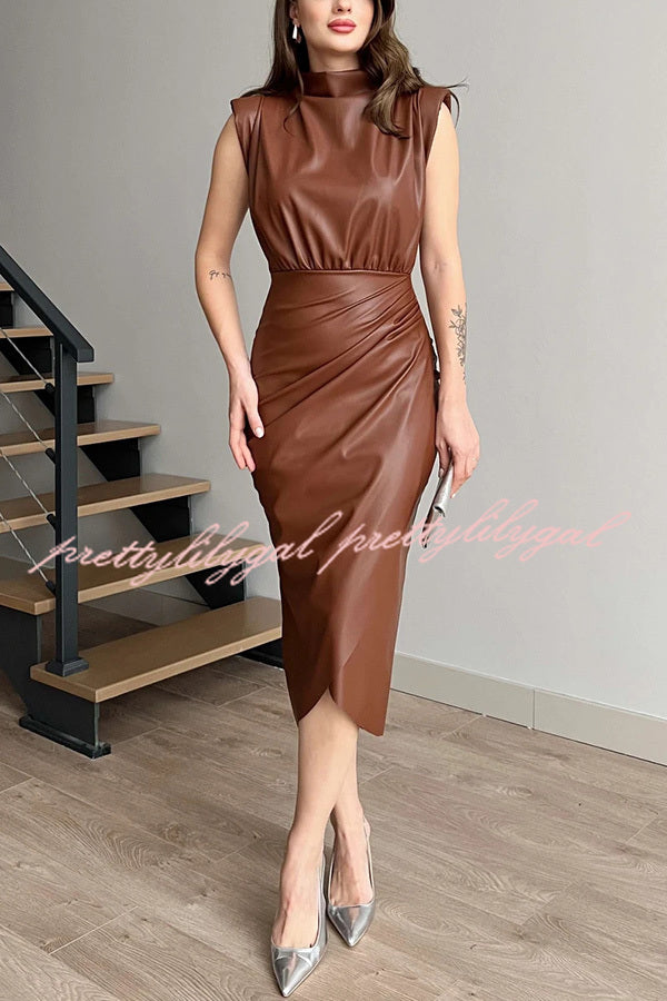 Elouise Faux Leather Turtleneck Shoulder Pads Ruched Slit Midi Dress