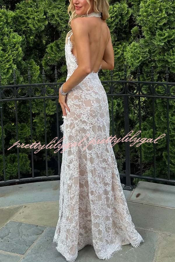 Cheongsam Style Lace Mandarin Halter Neck Backless Slit Maxi Dress