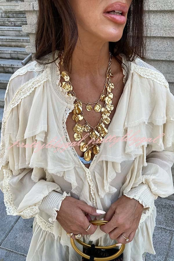 Autumn Boho Chiffon Lace Trim Ruffle Balloon Sleeve Blouse