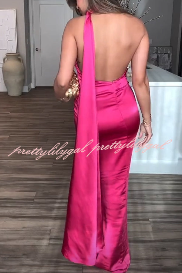 VIP Party Satin Asymmetric Scarf Neck Backless Maxi Dress