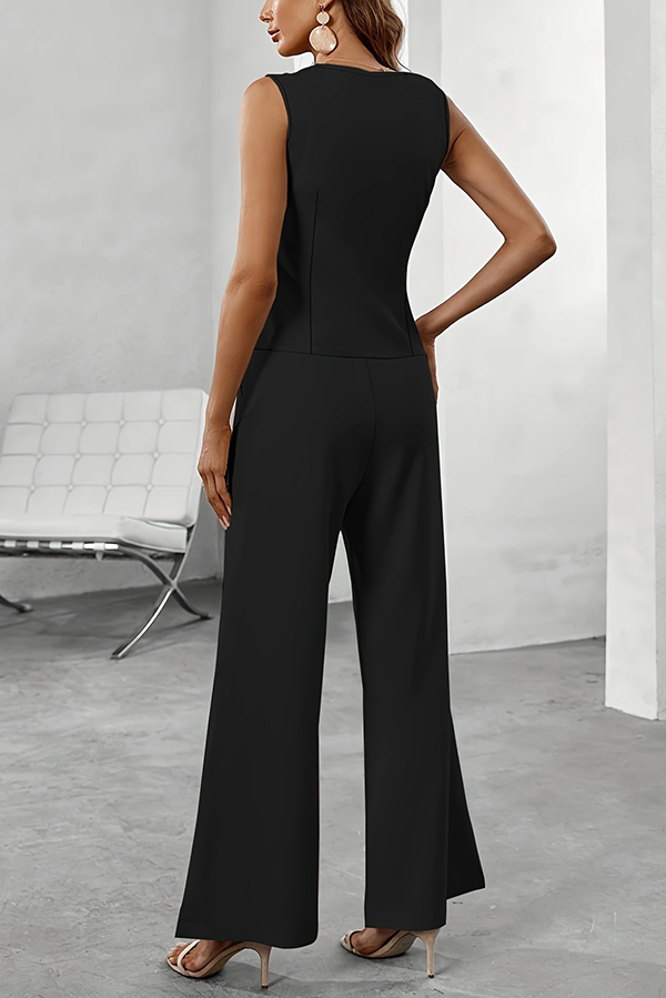 Solid Color Sleeveless V-Neck Button Vest and High Waist Pocket Casual Wide Leg Pants Set