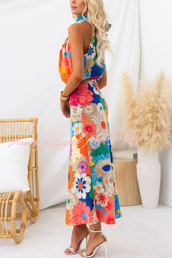 Land of Beauty Floral Print Halter Neck Elastic Waist Party Maxi Dress