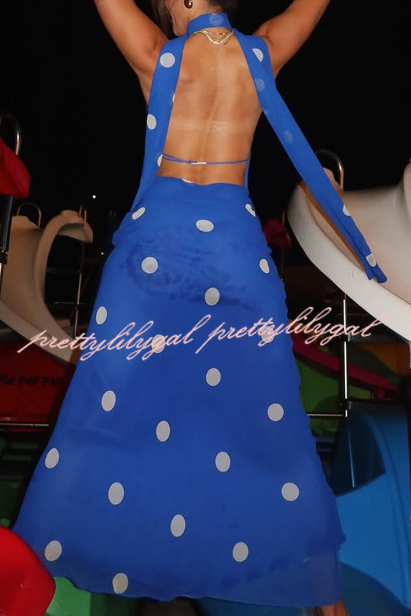 Fashion Polka Dot Print Sexy Halter Neck Backless Maxi Dress