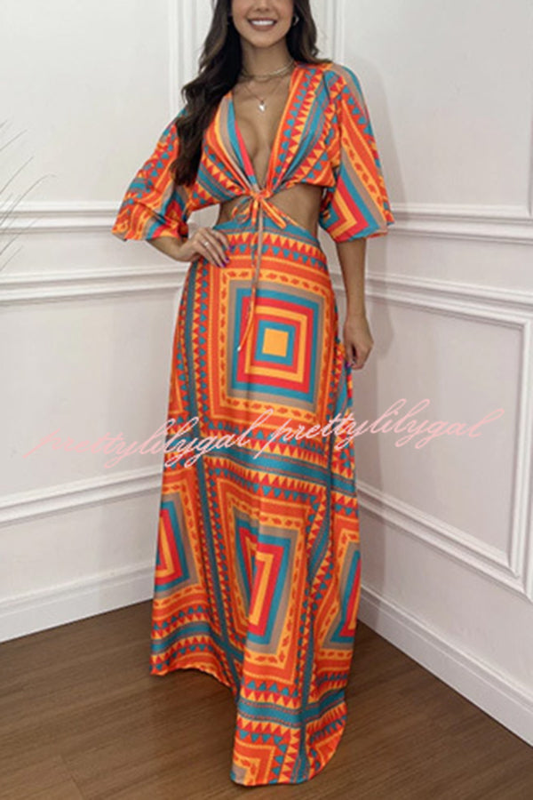 Wilma Unique Print Cutout Elastic Waist Tie-up Kimono Sleeve Maxi Dress