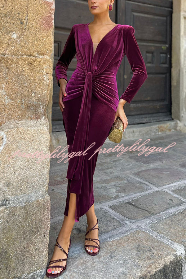 Elisabeth Luxurious Velvet Padded Shoulders Long Sleeve Twist Waist Drape Midi Dress