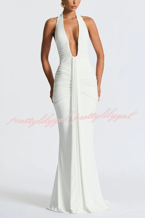 Solid Color Elegant Halterneck V-neck Open Back Tie Gathered Maxi Dress
