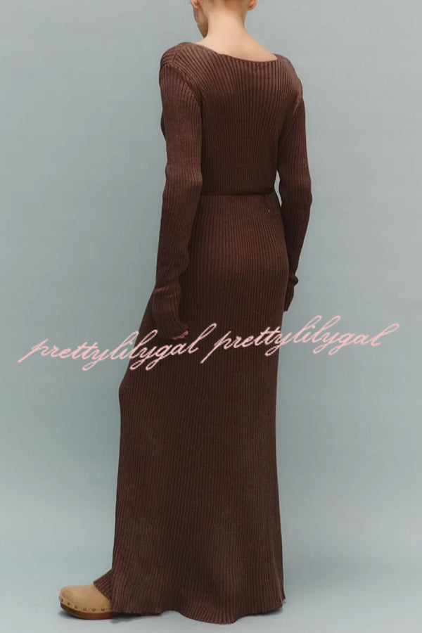 Solid Color V-neck Long-sleeved Slim-fit Elegant Knit Maxi Dress