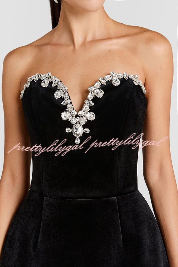 Ines Luxurious Velvet Jewel-encrusted Sweetheart Off Shoulder Neck Tulip Stretch Mini Dress