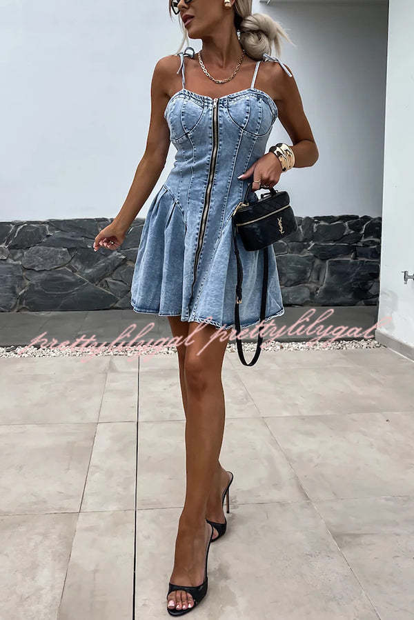 Fashionable Patchwork Suspender Zipper Slim Denim Mini Dress