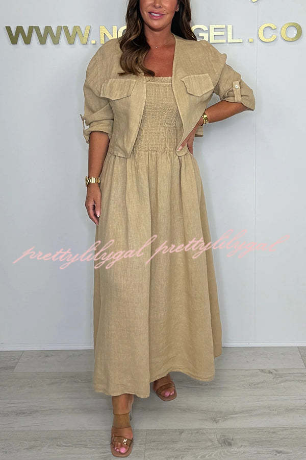 Solid Color Casual Short Jacket and Suspender Pleated Maxi Dress Set