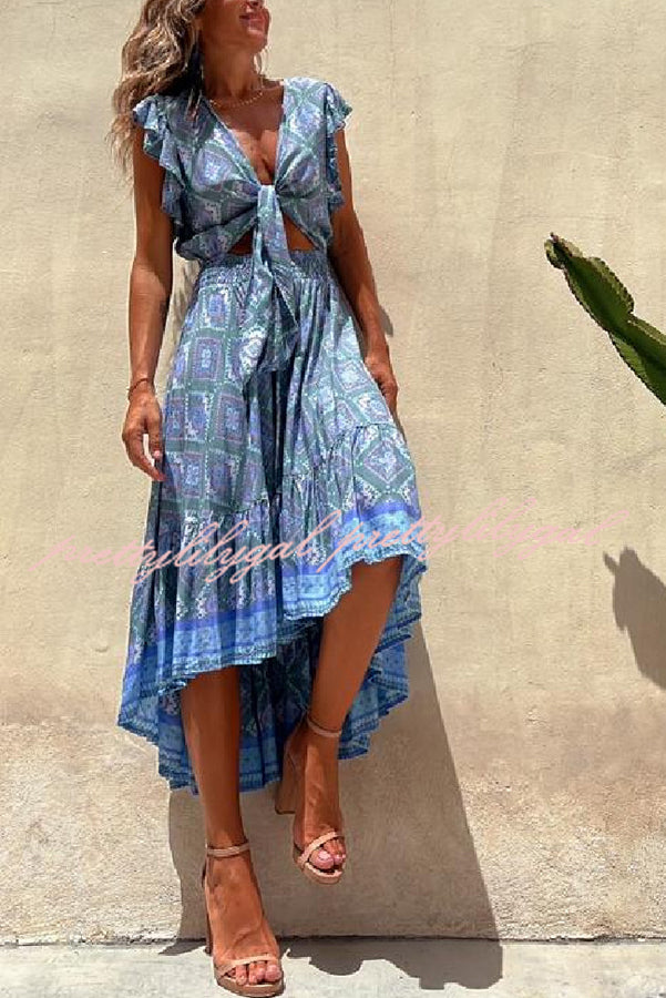 Libby Hippie Boho Printed Tie Front Ruffle Sleeve Smocked Waist Midi Dress