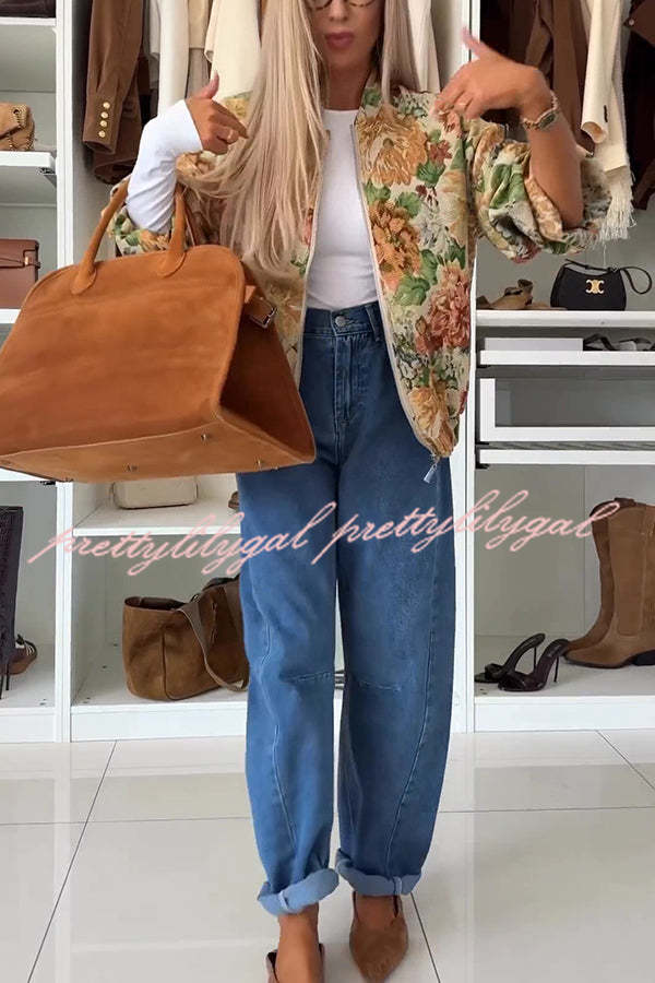 Floral Print Loose Long-sleeved Zip-up Jacket