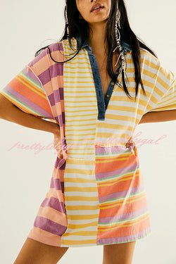 Contrast Striped Patchwork Denim Lapel Loose Casual Mini Dress