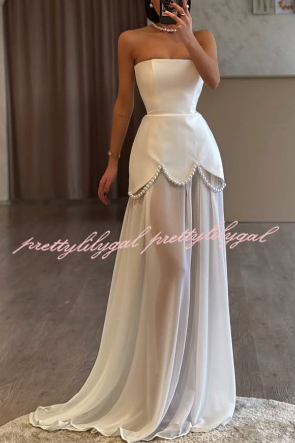 Jiya Satin Petal Hem Pearl Detail Chiffon Cape Strapless Maxi Dress