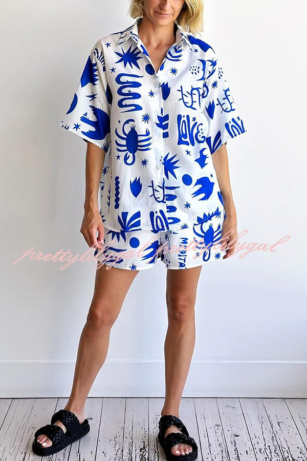 Sunday Mornings Unique Print Short Sleeve Top and Elastic Waist Loose Shorts Set