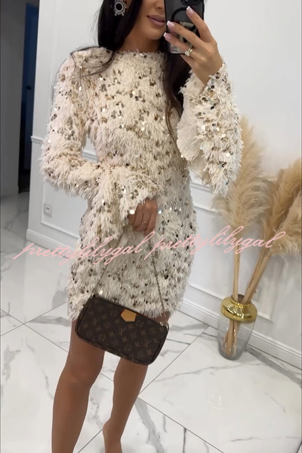 Twilight Ember Knit Sequin Tassels Wide Neck Long Bell Sleeve Mini Dress